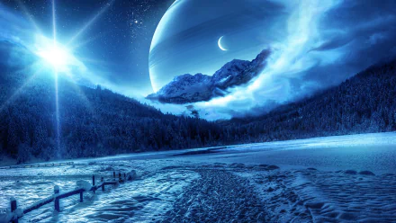 HD PC desktop wallpaper: blue sci‑fi snowy mountain landscape with a bright star and crescent planet above, a snow‑covered road curving toward misty forested peaks.