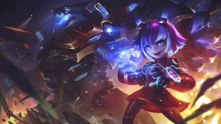 HD PC desktop wallpaper featuring Annie from the video game League of Legends, showcasing her in a dynamic, glowing battle scene with vibrant colors and futuristic elements.