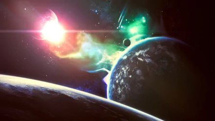 HD PC desktop wallpaper showcasing a vibrant sci-fi space scene with stars, colorful nebulae, and detailed planets set against a cosmic backdrop.