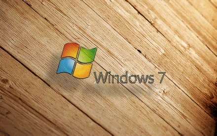 A wooden floor background features the Microsoft Windows 7 logo, showcasing a blend of technology and natural textures in a high-definition desktop wallpaper.