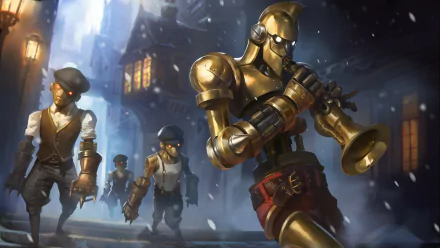 HD PC desktop wallpaper: sci‑fi night snowfall in a lantern-lit town as a brass robot plays a trumpet, leading uniformed figures through drifting snow.