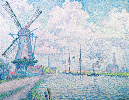 Artistic pointillist painting of a windmill beside a calm river with boats and a distant town; 2K Quad HD PC desktop wallpaper background.