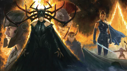 HD desktop wallpaper featuring Valkyrie, Loki, Hulk, Thor, and Hela from Marvel's Thor: Ragnarok movie. The characters are depicted in an epic and intense scene with dramatic lighting.