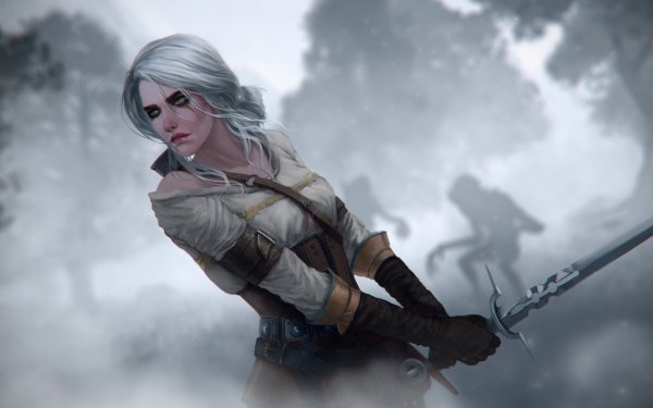 Video Game The Witcher 3: Wild Hunt The Witcher Ciri Woman Warrior Sword White Hair Silhouette Green Eyes HD Wallpaper | Background Image