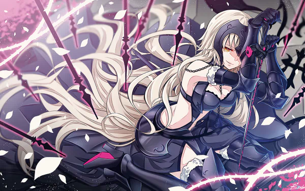 HD desktop wallpaper featuring Jeanne d'Arc Alter from Fate/Grand Order anime, depicting Avenger class in a dynamic and intense pose with a vivid background.