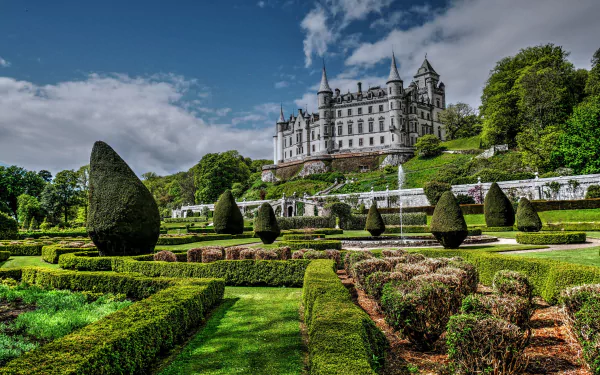 Dunrobin Castle in Scotland overlooks a manicured park with sculpted hedges and trees under a vibrant blue sky in this HD desktop wallpaper.