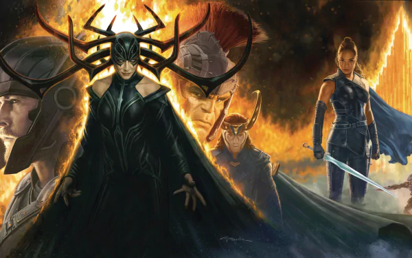 HD desktop wallpaper featuring Valkyrie, Loki, Hulk, Thor, and Hela from Marvel's Thor: Ragnarok movie. The characters are depicted in an epic and intense scene with dramatic lighting.