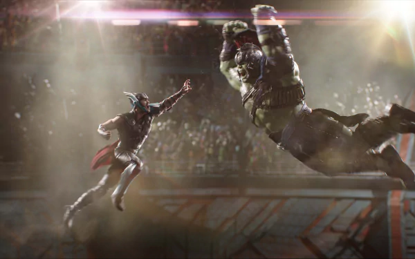 HD wallpaper featuring Chris Hemsworth as Thor and Mark Ruffalo as Hulk in an action-packed scene from the movie Thor: Ragnarok, with Thor and the Hulk mid-fight in an arena.