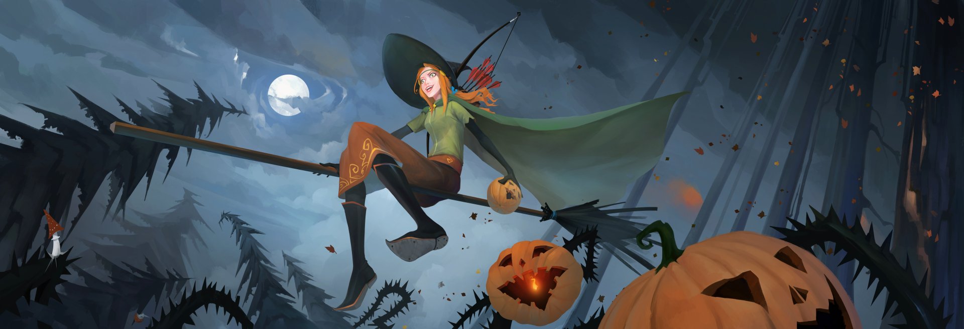 4K Ultra HD Halloween-themed desktop wallpaper from The Banner Saga video game, featuring a witch flying on a broomstick with glowing pumpkin lanterns under a full moon.