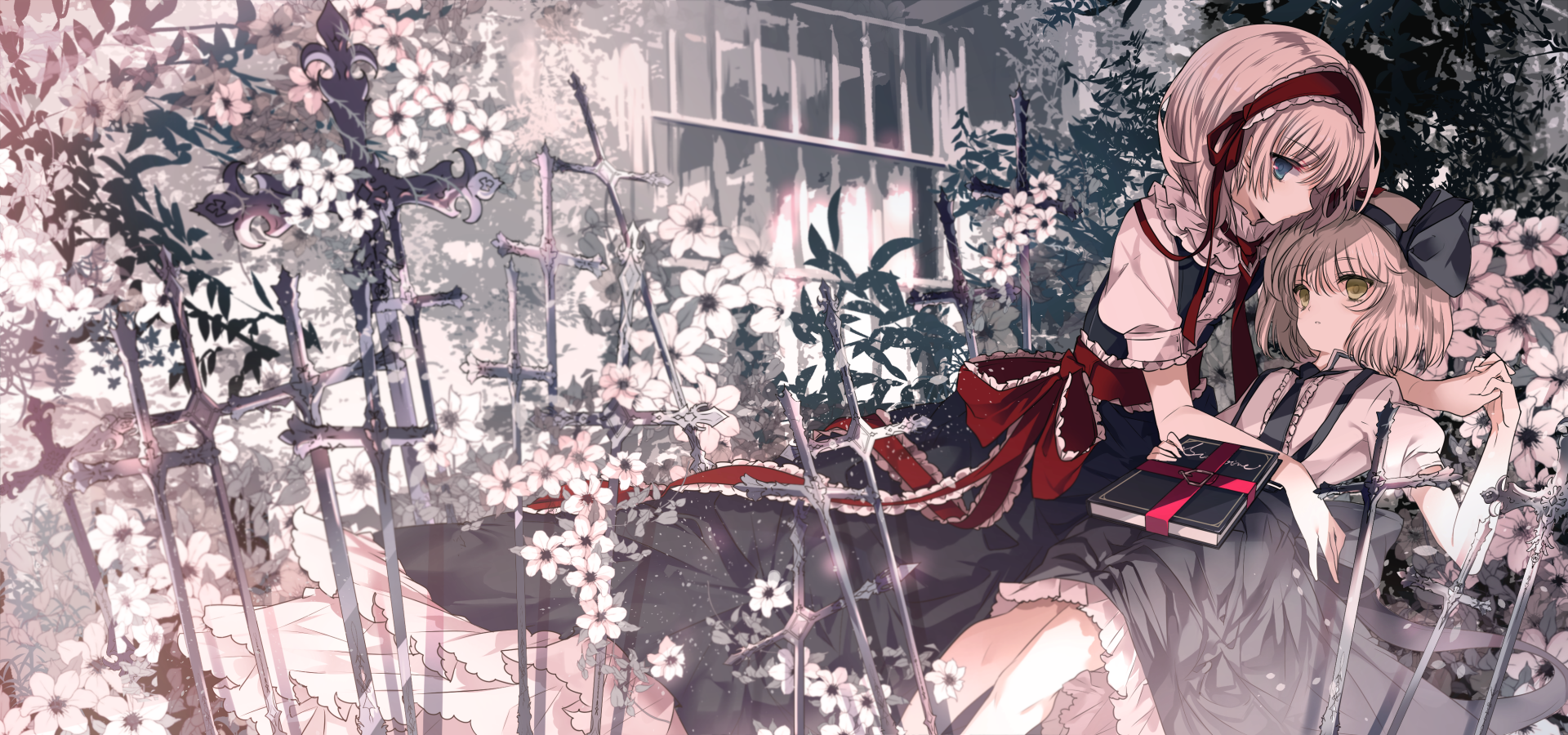Anime-style HD wallpaper featuring Alice Margatroid from Touhou with white short hair, blue eyes, a ribbon and bow headdress, holding a book among floral surroundings.