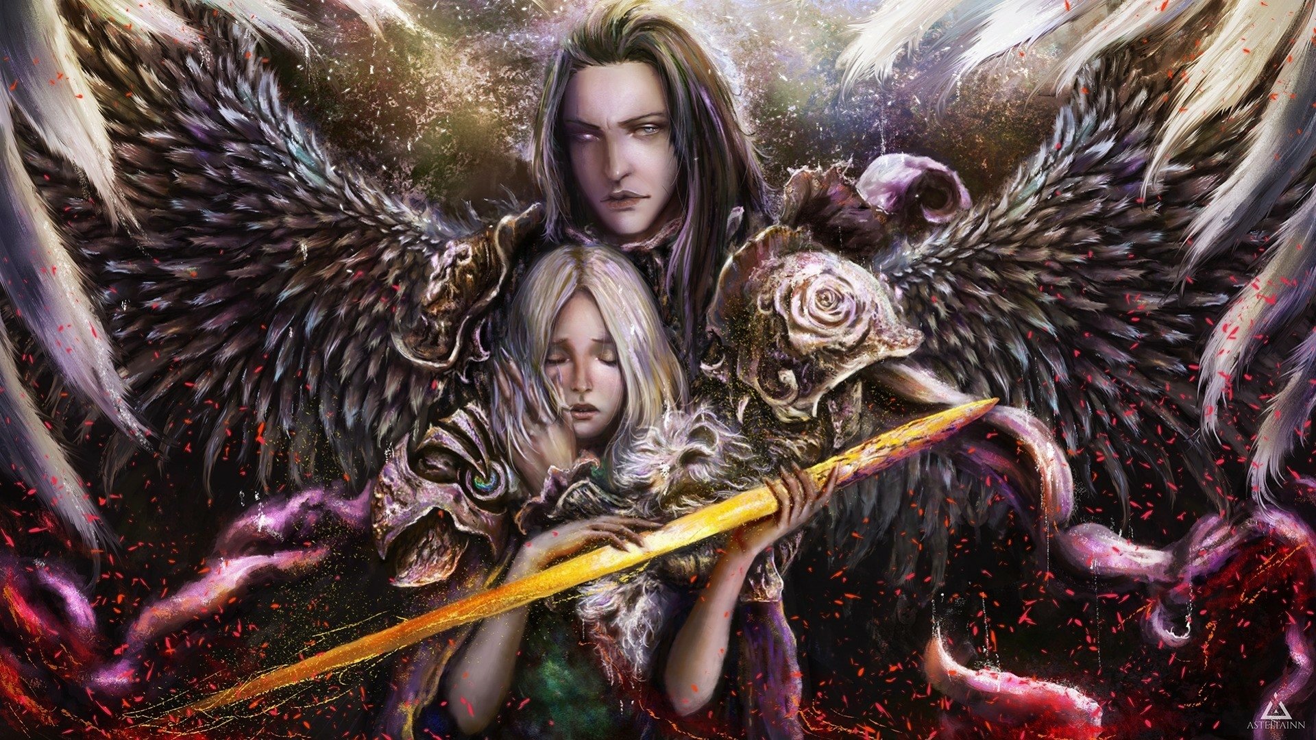 HD PC desktop wallpaper and background — a sad fantasy angel with dark feathered wings cradles a pale figure, holding a glowing sword amid ornate armor and rose motifs.
