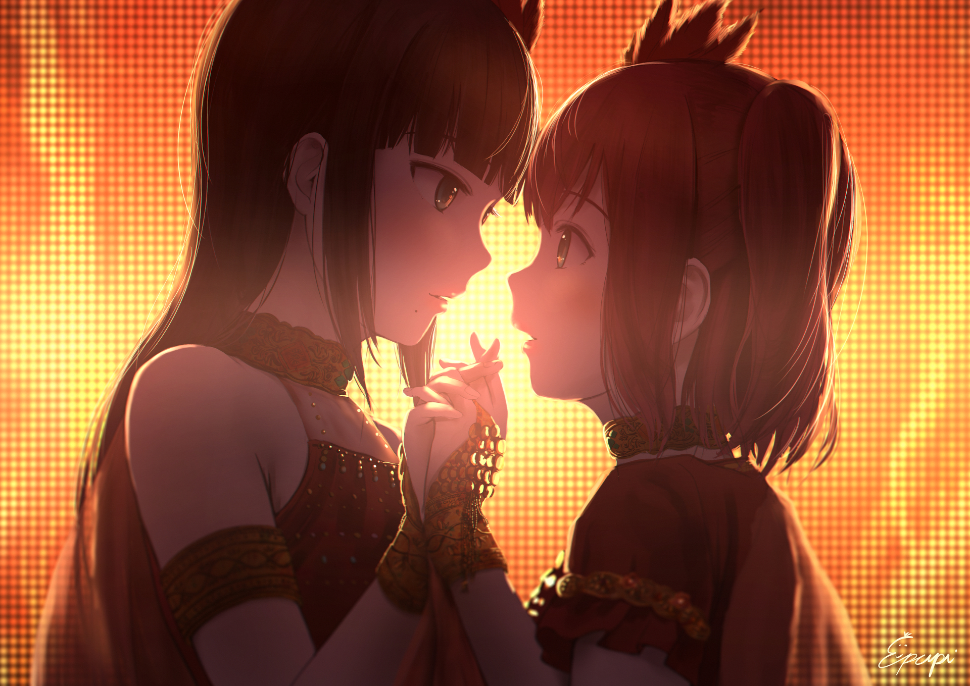 HD anime desktop wallpaper of Ruby Kurosawa and Dia Kurosawa (Love Live! Sunshine!!), facing each other and holding hands against a warm, glowing orange stage backdrop
