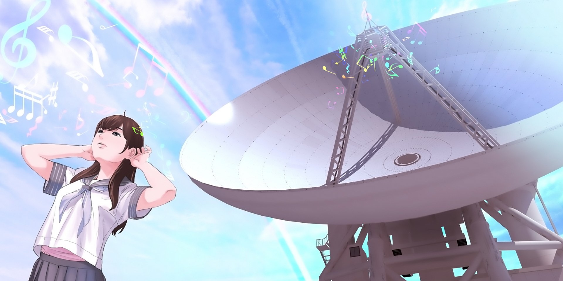 HD anime-style original desktop wallpaper featuring a girl in a school uniform beside a large satellite dish under a bright blue sky with a rainbow.