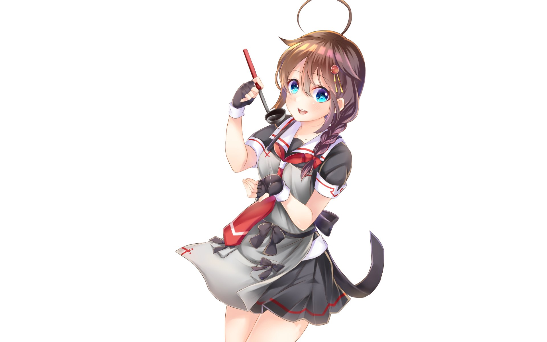 HD anime desktop wallpaper featuring Shigure from Kantai Collection in her naval-themed outfit with bright blue eyes and a cheerful expression.