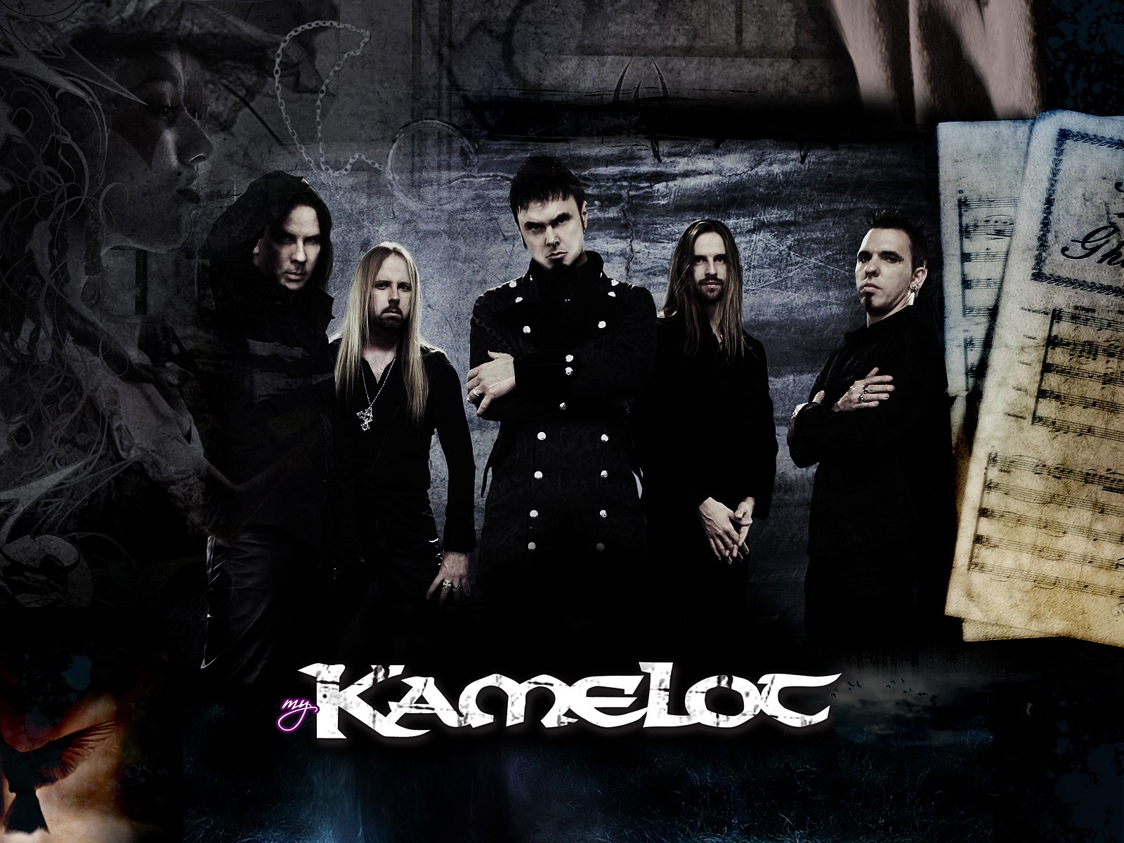 HD PC desktop wallpaper and background of metal band Kamelot: dark, gothic group portrait with five members against a textured backdrop, Kamelot logo at the bottom.