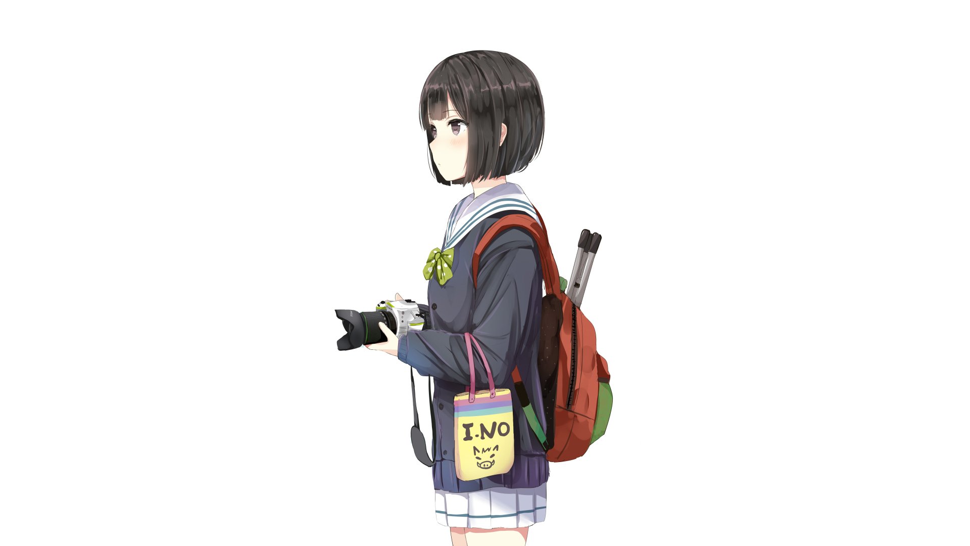 HD anime-style original artwork of a girl with short black hair holding a camera, wearing a school uniform and carrying a backpack, set against a white background.