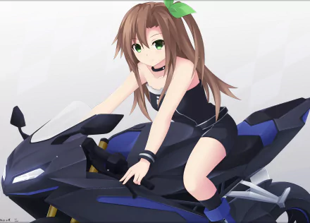 IF from Hyperdimension Neptunia smiles confidently while sitting on a sleek black motorcycle, showcasing her long brown hair and vibrant green eyes in this HD video game wallpaper.