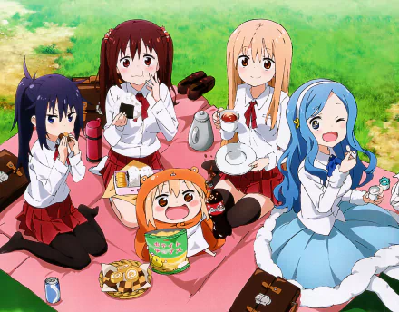 A vibrant HD desktop wallpaper featuring Sylphynford Tachibana, Umaru Doma, Nana Ebina, and Kirie Motoba from Himouto! Umaru-chan R enjoying a cheerful picnic.