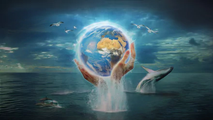 A magical, artistic HD wallpaper depicting a giant hand rising from the ocean, holding a glowing planet Earth, surrounded by whales and flying birds in a fantasy nature setting.