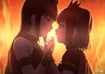 HD anime desktop wallpaper of Ruby Kurosawa and Dia Kurosawa (Love Live! Sunshine!!), facing each other and holding hands against a warm, glowing orange stage backdrop