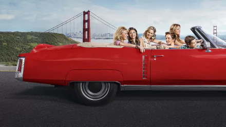 Fuller House TV show wallpaper: cast smiling in a red convertible with the Golden Gate Bridge behind them — HD PC desktop wallpaper and background.