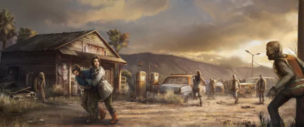 HD wallpaper depicting a post-apocalyptic scene with undead zombies, dark atmosphere, and survivors near abandoned buildings and vehicles.