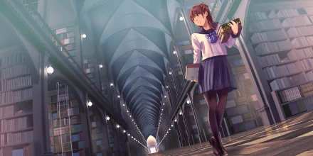 Anime original HD PC desktop wallpaper/background: a schoolgirl in a sailor uniform holds books while walking down a vast vaulted library aisle lit by rows of arched lights.