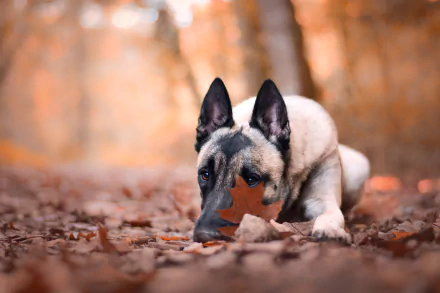 A Belgian Malinois with focused eyes rests its muzzle on autumn leaves, captured in sharp depth of field against a softly blurred fall forest background.
