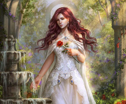 A fantasy-themed HD desktop wallpaper of a sad woman with flowing red hair wearing a detailed white dress, holding a red rose amidst a lush, mystical garden background.