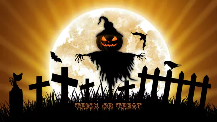 trick or treat bat moon jack-o'-lantern scarecrow fence holiday halloween HD Desktop Wallpaper | Background Image
