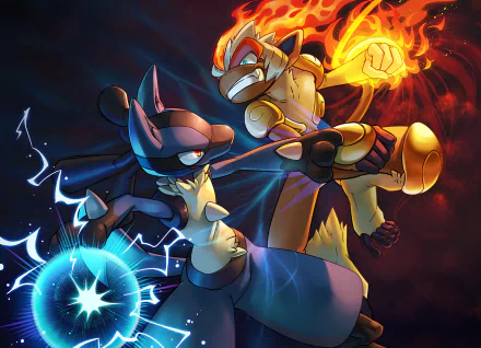 HD desktop wallpaper featuring an intense battle between Lucario and Infernape from Pokémon, showcasing them unleashing their powerful moves in a dynamic, fiery and electric background.