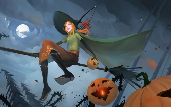 4K Ultra HD Halloween-themed desktop wallpaper from The Banner Saga video game, featuring a witch flying on a broomstick with glowing pumpkin lanterns under a full moon.