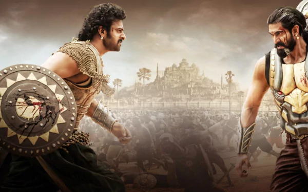 HD wallpaper from the movie Baahubali 2: The Conclusion, featuring two warriors facing off with a battle and ancient city in the background.