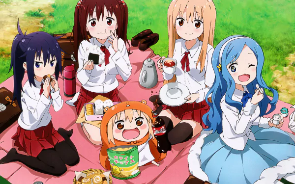 A vibrant HD desktop wallpaper featuring Sylphynford Tachibana, Umaru Doma, Nana Ebina, and Kirie Motoba from Himouto! Umaru-chan R enjoying a cheerful picnic.