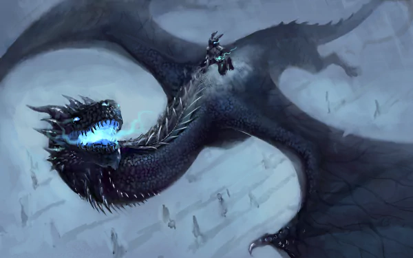 HD fantasy wallpaper of a dragon rider soaring on a fierce wyvern with glowing blue eyes against a misty, dramatic sky background.