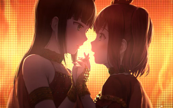HD anime desktop wallpaper of Ruby Kurosawa and Dia Kurosawa (Love Live! Sunshine!!), facing each other and holding hands against a warm, glowing orange stage backdrop