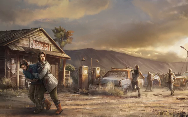 HD wallpaper depicting a post-apocalyptic scene with undead zombies, dark atmosphere, and survivors near abandoned buildings and vehicles.