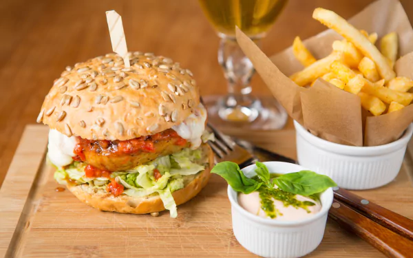 HD PC desktop wallpaper featuring a close-up of a burger with lettuce and tomato, accompanied by a side of golden French fries and dipping sauce.
