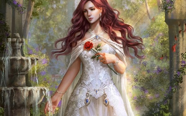 Fantasy Women Sad Red Hair White Dress HD Wallpaper | Background Image