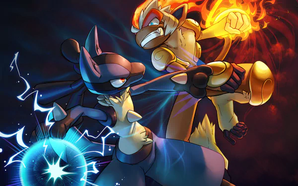 HD desktop wallpaper featuring an intense battle between Lucario and Infernape from Pokémon, showcasing them unleashing their powerful moves in a dynamic, fiery and electric background.