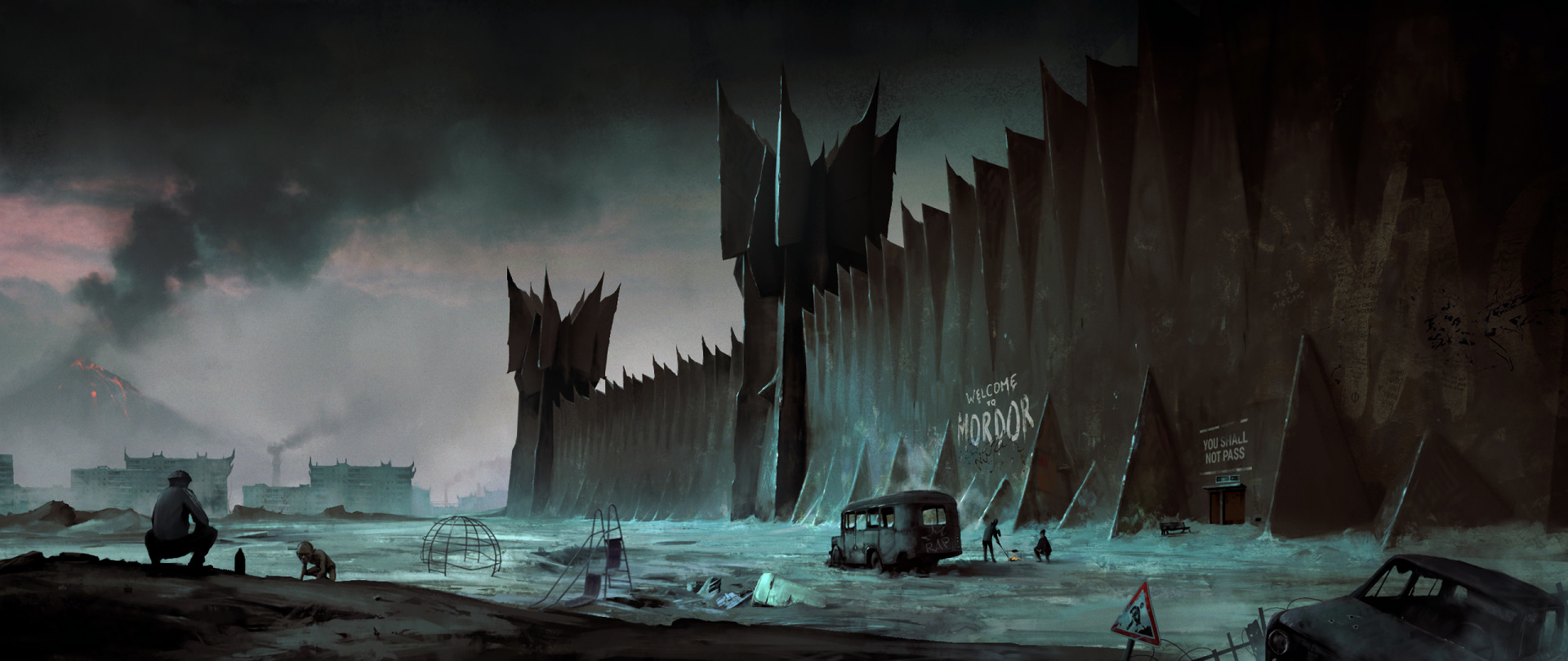 HD desktop wallpaper of a sci-fi post-apocalyptic scene, featuring a desolate landscape with a towering, jagged wall, a decrepit van, and scattered remnants of civilization.