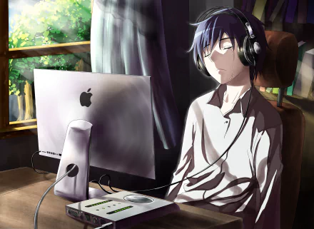 An anime character with dark hair sits at a desk, wearing headphones, looking sad. An Apple Inc. computer is positioned in front of them. Sunlight filters through a window, highlighting the scene. HD desktop wallpaper.