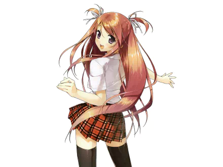 HD anime desktop wallpaper of a cute original character from 5 Nenme no Houkago with long brown hair, purple eyes, blush, smiling in a shirt, skirt, and thigh highs.