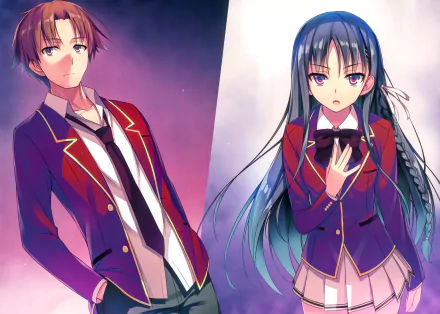 HD desktop wallpaper featuring Suzune Horikita and Kiyotaka Ayanokōji from the anime Classroom of the Elite, showcasing both characters in their school uniforms against a vibrant backdrop.