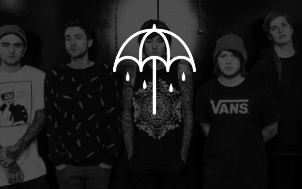 HD desktop wallpaper featuring the band Bring Me The Horizon in black and white with their signature dripping umbrella logo centered.