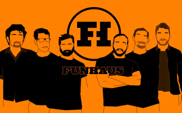 HD PC desktop wallpaper: stylized orange-and-black Funhaus group illustration with FH logo, evoking YouTube and tech vibes.