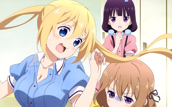 HD desktop wallpaper featuring Mafuyu Hoshikawa, Maika Sakuranomiya, and Kaho Hinata from the anime Blend S. The characters are shown in a lively scene.