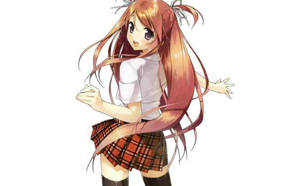 HD anime desktop wallpaper of a cute original character from 5 Nenme no Houkago with long brown hair, purple eyes, blush, smiling in a shirt, skirt, and thigh highs.
