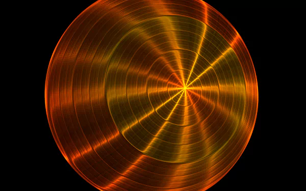Abstract orange circular fractal rendered in Chaoscope: concentric metallic rings and radiating spokes, HD PC desktop wallpaper.