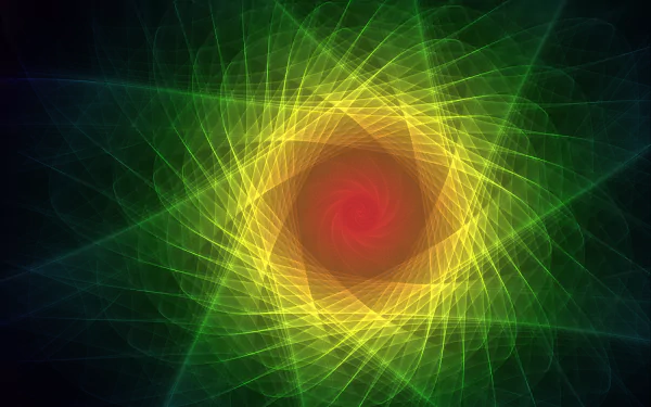 Chaoscope-generated abstract fractal vortex: colorful green spiral of intersecting luminous lines around a glowing red core, HD PC desktop wallpaper/background.